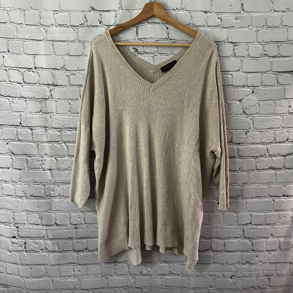 Lane Bryant Womens 22/24 Double V-Neck Ribbed Career Sweater Beige 3/4 Sleeve